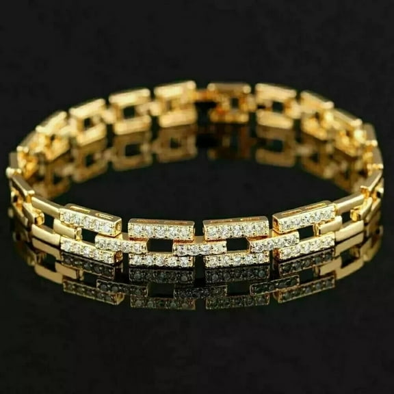 5CT Round Cut Simulated Diamond Men's Tennis Bracelet 14K Yellow Gold Plated 8inch