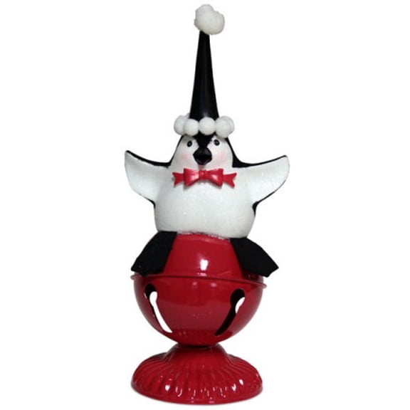 Melrose 11.25" Playful Glittered Black and White Penguin Sitting on Large Christmas Red Jingle Bell