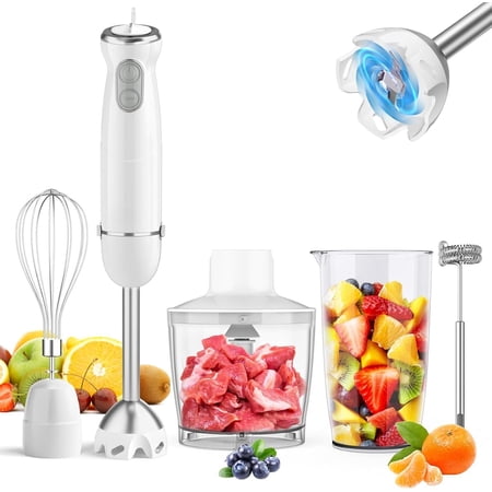 Immersion Blender Handheld 5 in 1 Hand Blender, 1000W Hand Mixer Stick, 12 Speed Handheld Blender with Mixing Beaker, , Whisk and Milk Frother for Soup, Sauce, (White)