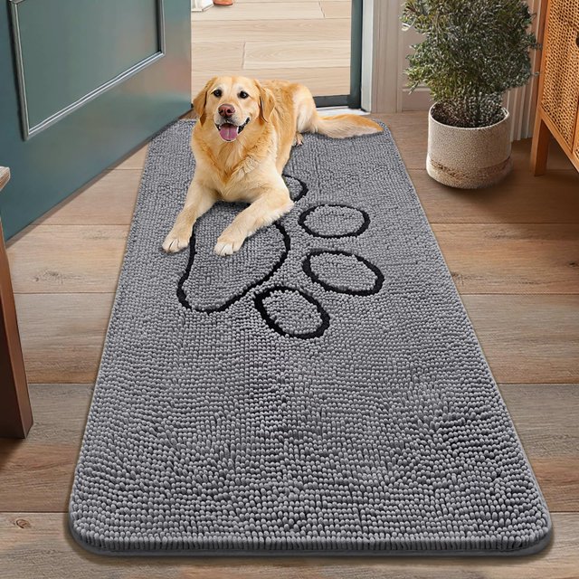 Tapete para puerta para perros Smiry 122 x 76 cm, absorbente, antideslizante, gris