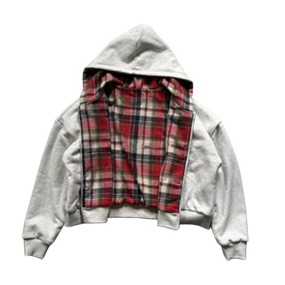 IWRICH Mens and Womens 20s Reversible Hoodies Plaid Preppy Hoodie Streetwear Vintage Zipper Hooded Sweatshirt XL