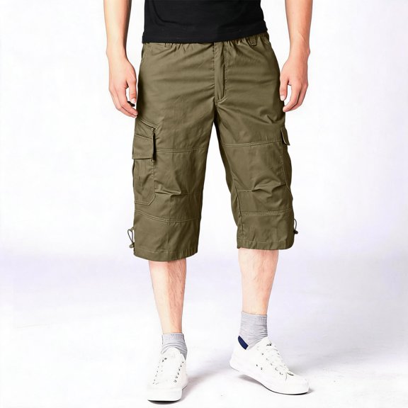 Long Mens Cargo Shorts Relaxed Fit Long Shorts Below Knee Big and Tall Casual Summer Lightweight Elastic Waist 3/4 Capri Cargo Pants with Pockets Brown XL
