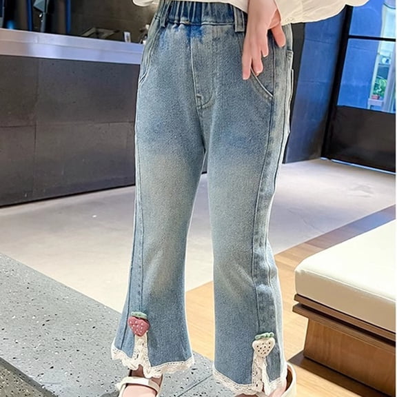 HAOTAGS Girls Slim Bootcut Jeans Size 6,Full Length Side Bow Solid Color Casual Denim Pants with Pockets Blue