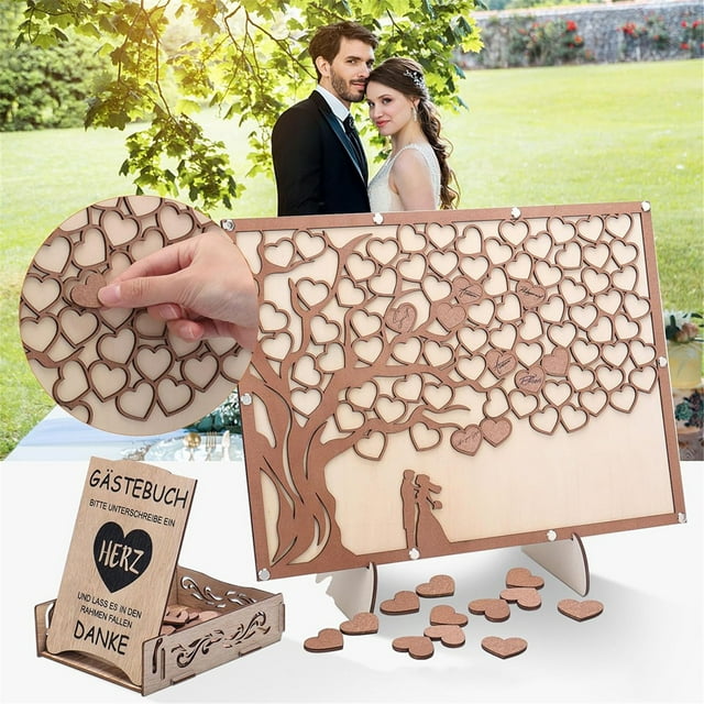 AKEGAMN Wedding Guest Book Tree Wooden Keepsake Sign In Board With Leaves For Fingerprint Or Message Rustic Anniversary Or Event Memorial Interactive Guest Book: Guests leave fingerprints as "leaves