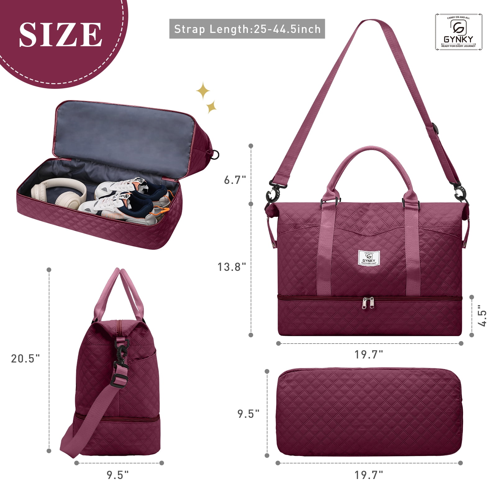Gynky Travel Duffle Bag Weekender Bags for Women with Shoe Compartment Carry on Overnight Bag Gym Duffel Bag with Wet Pocket Hospital Bags for Labor and Delivery