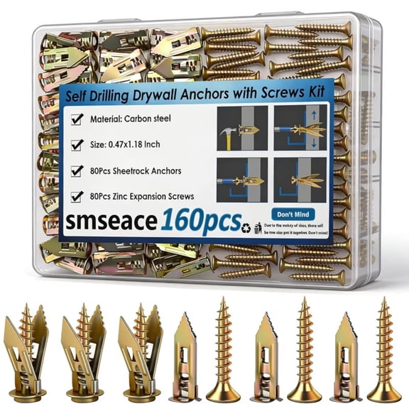 160-Piece Drywall Anchors and Screws Kit, Carbon Steel Hammer-In Anchors, No Drill Required for Hanging Pictures, Shelves and Decor