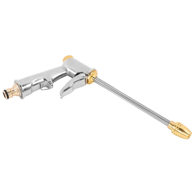 pistola rociadora de agua de alta presión, pistola rociadora de agua de latón, jardines de riego para mangueras de jardín Vista 3/4 de una pistola de latón y aleación de zinc con acabado plata electrochapada, gatillo con seguro integrado, conector para manguera estándar 3/4 pulg. y boquilla larga giratoria ajustable para niebla, rocío o chorro; ideal para riego de jardines, lavado de autos y mascotas.