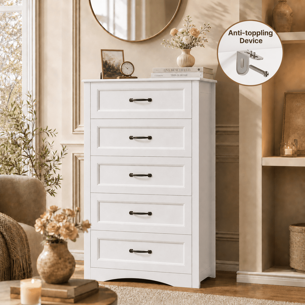 White 5-Drawer Dresser & 43" Chest of Drawers, Large Capacity Storage Cabinet with Anti-Tip Safety Device for Bedroom, Living Room, Hallway, Office, Clothes, Easy Assembly