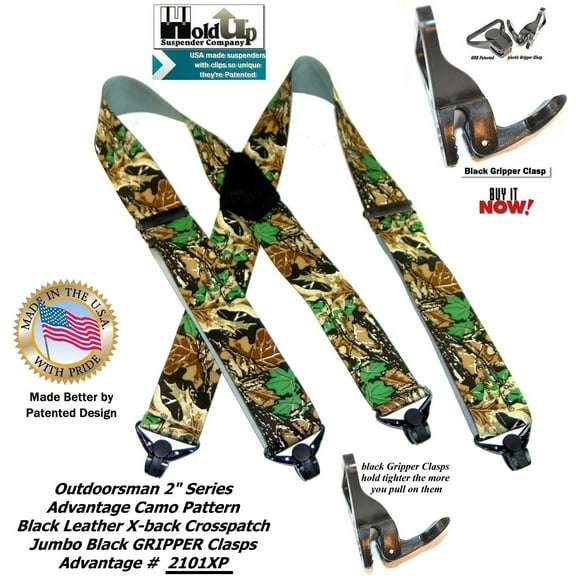 Holdup Suspender Company's Outdoorsman Series Advantage Pattern Camouflage Hunting Suspenders with black Patented Gripper Clasps