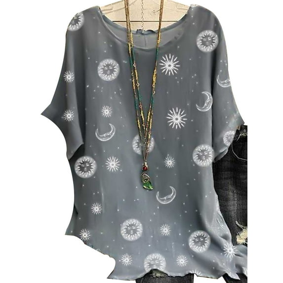 FASHIONWT Women Printing Floral O-Neck Mini Casual Short Sleeve Top