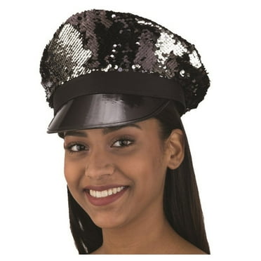 Disco Police Hat - Black/Silver - Flip Sequins - Costume Accessory - Adult Teen