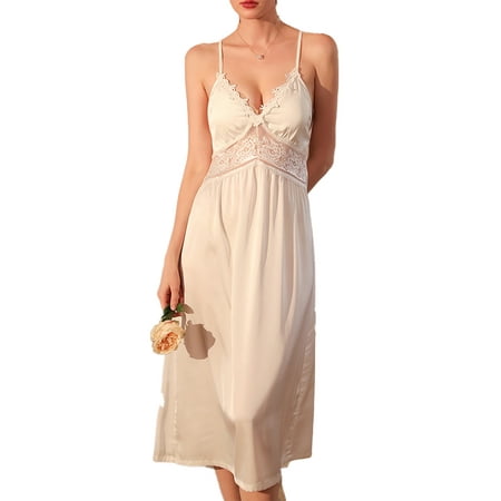 Suagox Women s Summer Slip Sleep Dress Spaghetti Strap Loungewear Lace Patchwork Satin Lingerie