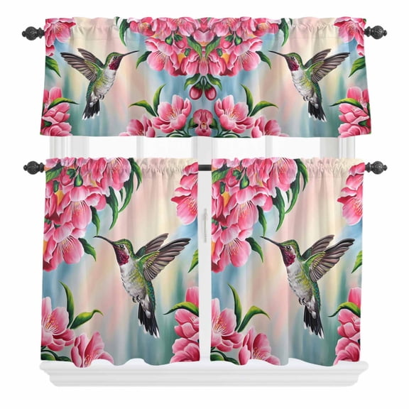 3 Piece Kitchen Curtains and Valances Set Hummingbird Cafe Curtains 24 Inch Length Spring Summer Pink Red Flower Leaf Valance & Tier Curtain for Living Room Bedroom Small Window 54"x18" 27"x24"*2