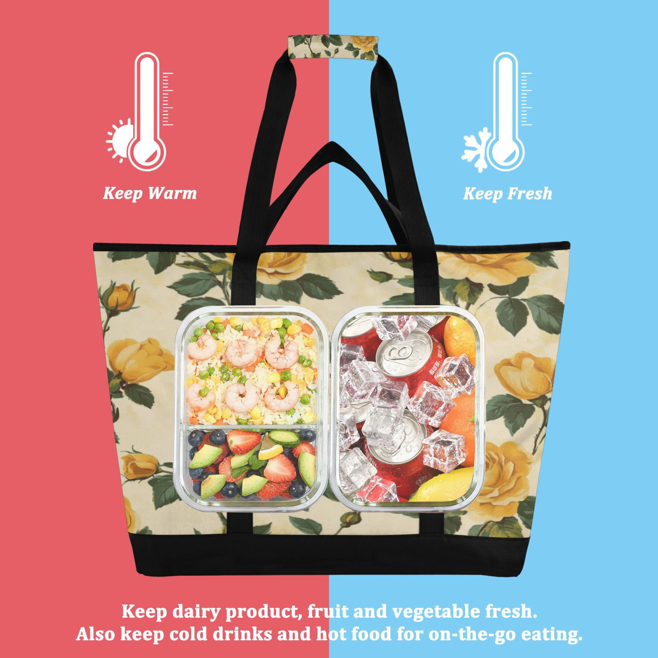 Large Hand-held Ice Pack Picnic Bag Insulation and Refrigeration Suitable for Shopping Picnics and Camping Beautiful Yellow Roses