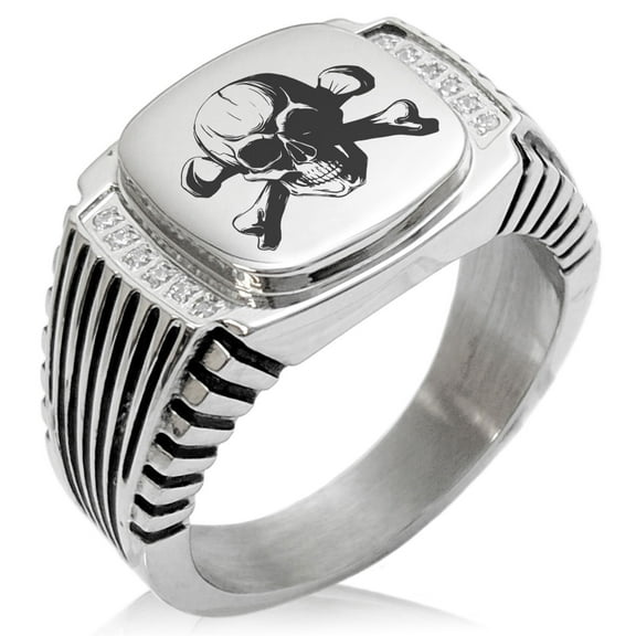 Stainless Steel Iconic Pirate Crossbones Skull CZ Ribbed Needle Stripe Pattern Biker Style Polished Ring
