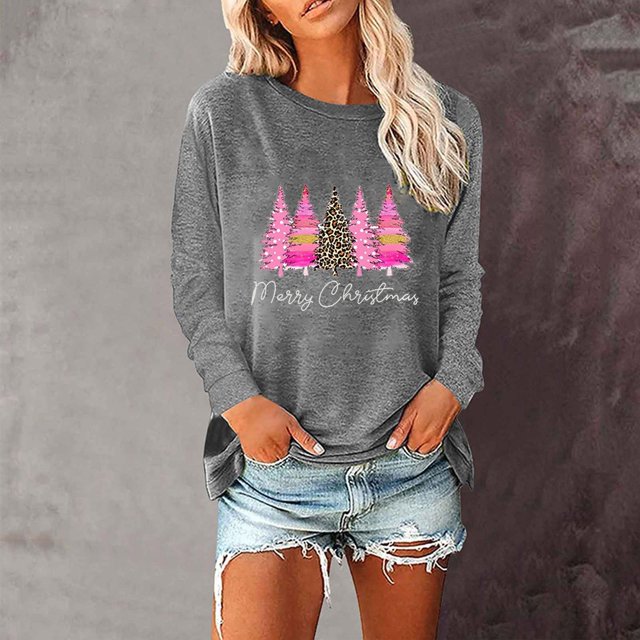 Sharpies Hauts pour Femmes en Liquidation, T-Shirt de Noël Imprimé Col Rond Manches Longues, Haut Ample, Chandail en Molleton/gris, (S)