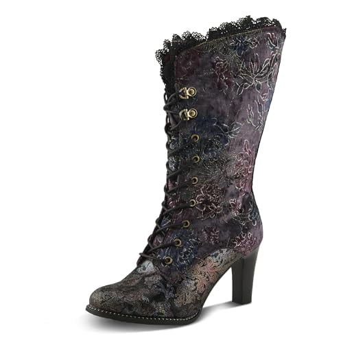 L'Artiste FORUTALUV Women's Embroidered Suede Lace-Up Boot – Baroque Velvet Mid-Shaft with Stacked Heel