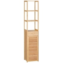 Alieon Tall Bathroom Cabinet with Drawer and Slatted Shelves, Slim Bamboo Linen Tower with Louvered Door, Natural