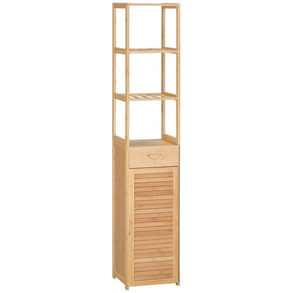 Alieon Tall Bathroom Cabinet with Drawer and Slatted Shelves, Slim Bamboo Linen Tower with Louvered Door, Natural