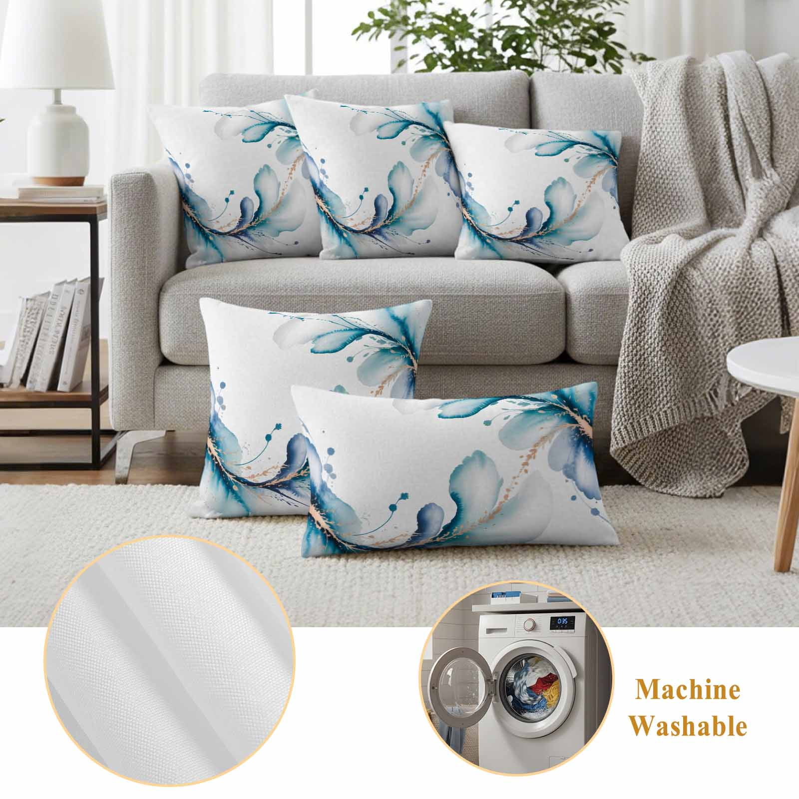 Blue Marble Stone Outdoor Waterproof Throw Pillow Covers 24x24 Set of 2, White Ink Splash Farm Marble Abstract Decorative Pillowcases Cushion Pillowcase for Couch Sofa Patio Outside Pillow Protector