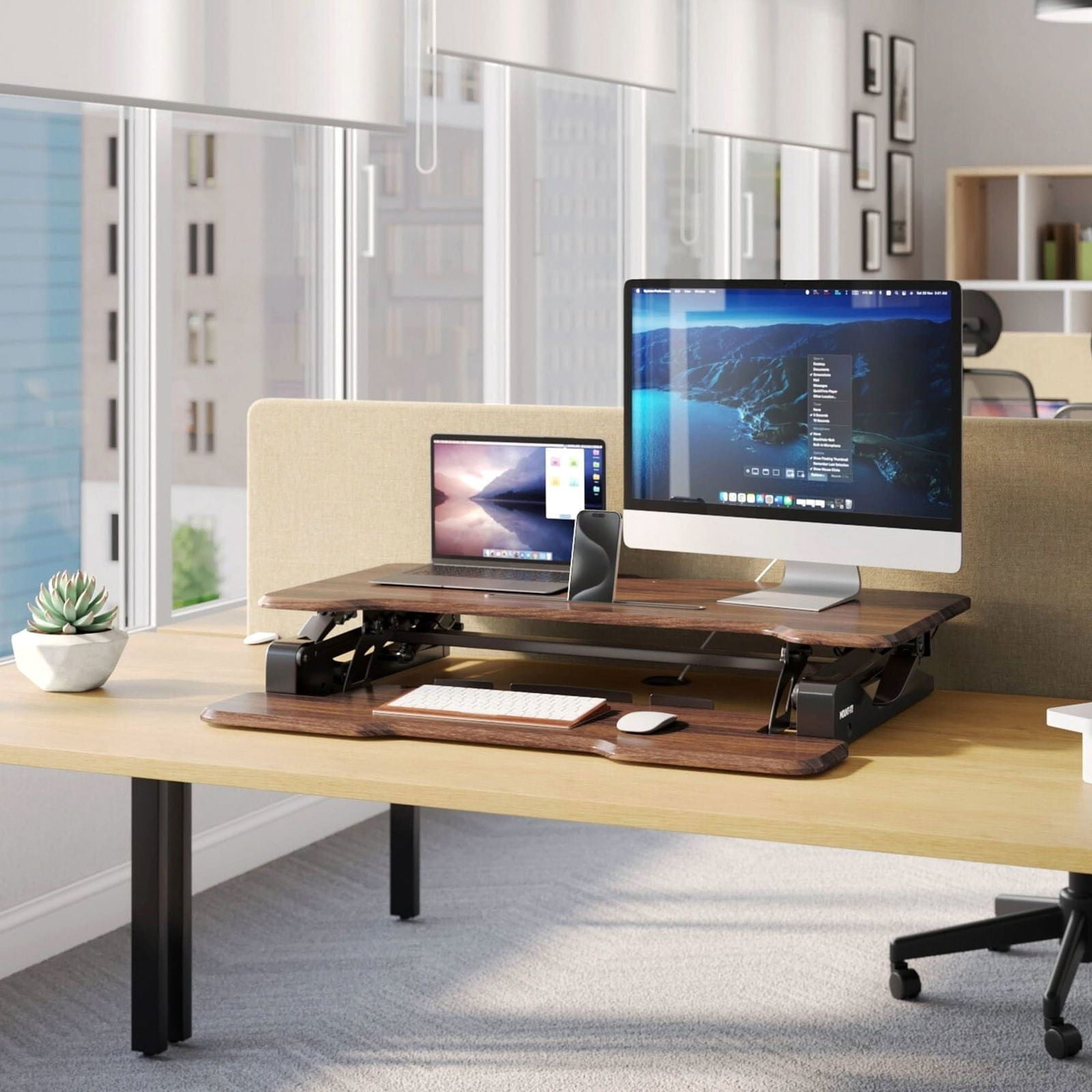 Mount-It! 38'' Standing Desk Converter – Height Adjustable Sit Stand Riser with Dual Monitor Space, Keyboard Tray & Device Slot – Gas Spring Lift, MDF Desktop, Dark Walnut