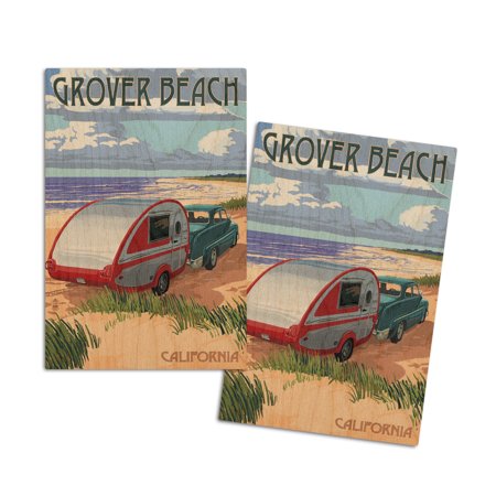 

Grover Beach California Painterly Series Retro Camper on Beach (4x6 Birch Wood Postcards 2-Pack Stationary Rustic Home Wall Decor)
