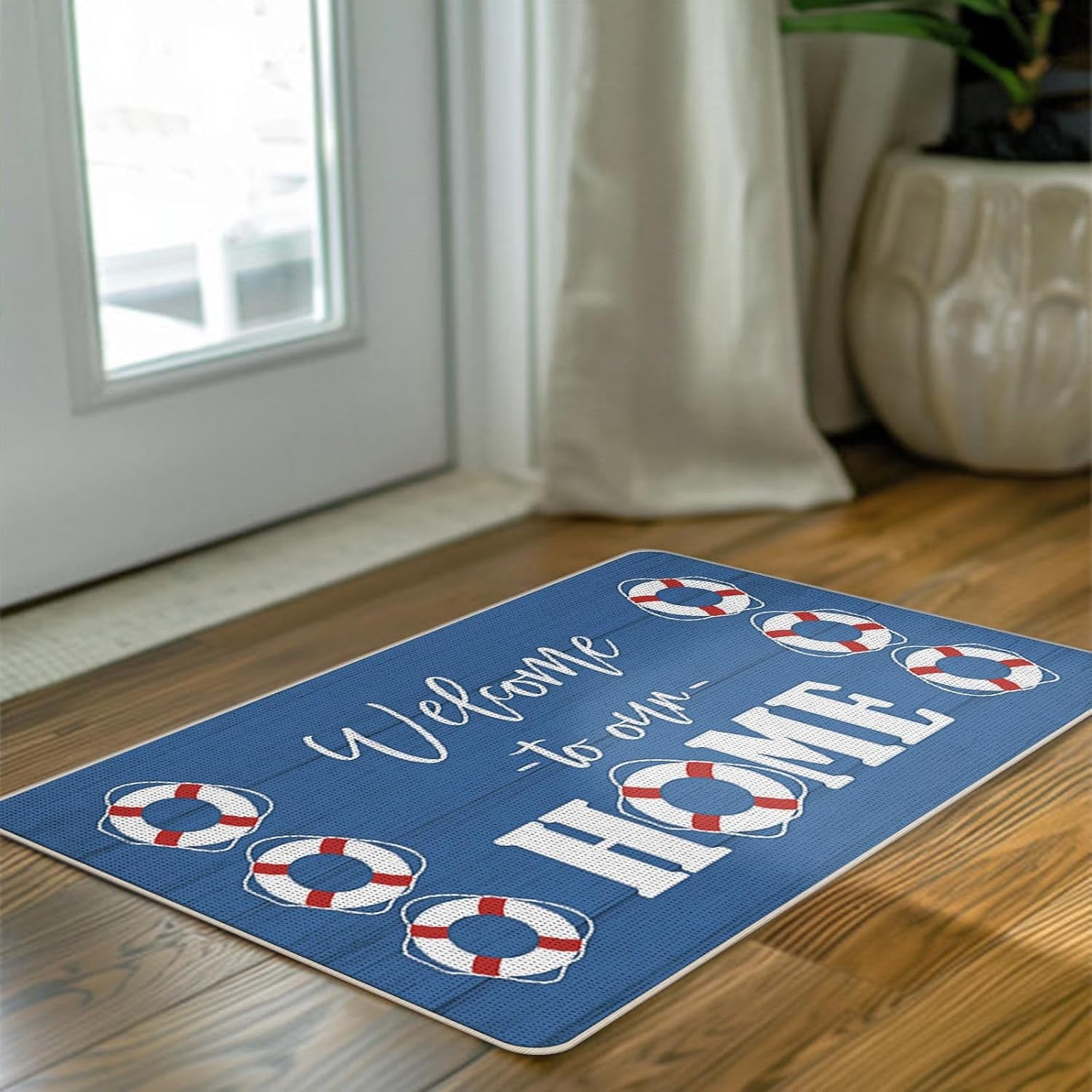 Nautical Welcome to Our Home Front Door Mat, Coastal Beach Lifebuoy Decorative Doormat Non-Slip Floor Entryway Rug, Farmhouse Low Profile Indoor Outdoor Home Kitchen Decoration 17x29 Inches