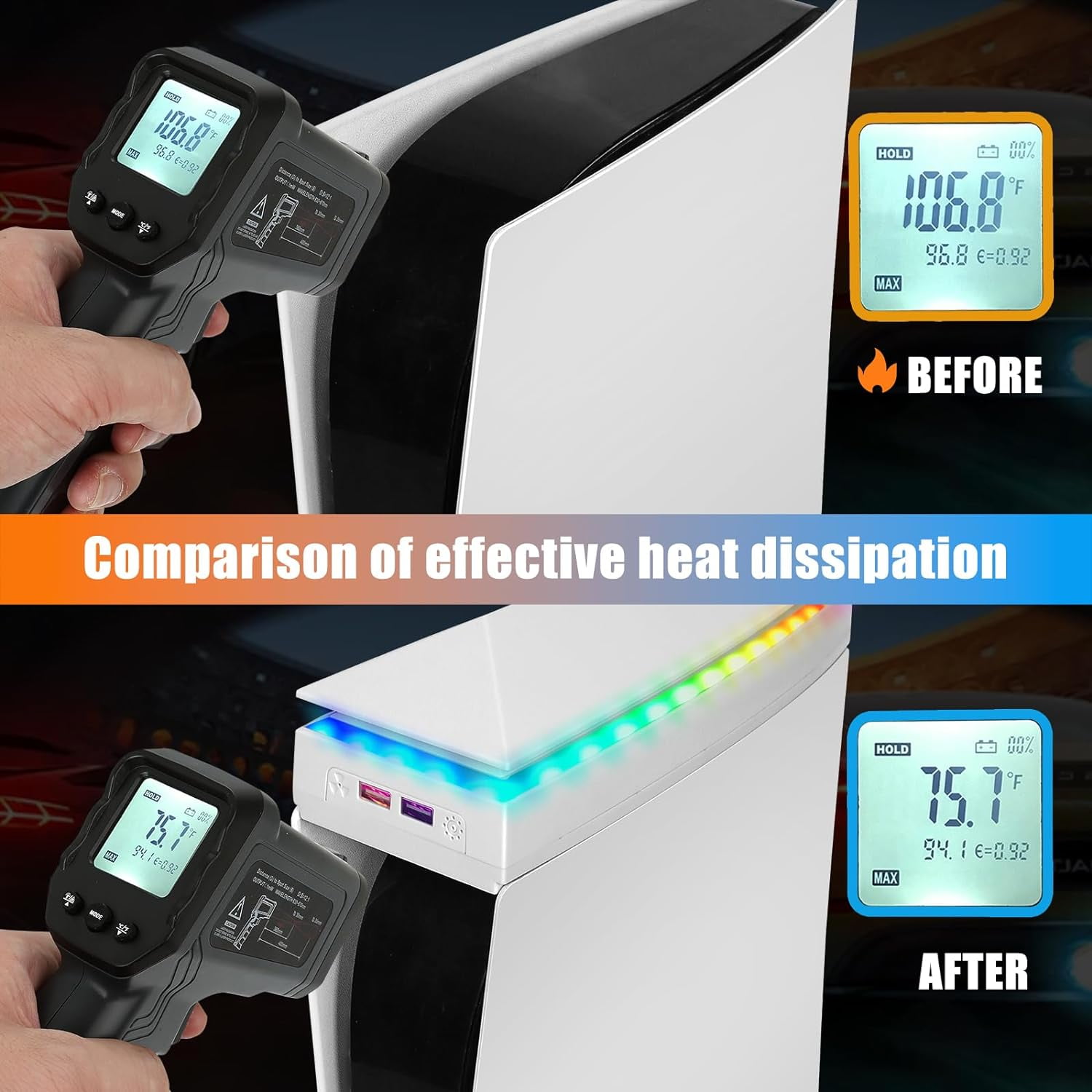 Dustproof Cooling Fan for PS5, PS5 Fan with 7 Modes RGB Light, Low Noise Cooler for Ps5 Digital &Disc Edition, 3 Speed ,Independent Touch Switch, 2 USB Port,white