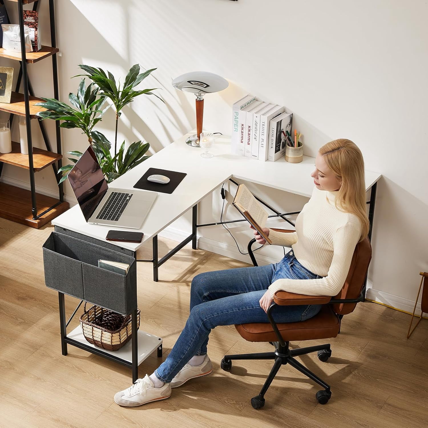 Bigleap L Shaped Computer Desk - Gaming Table Corner Desk 50 Inch PC White Writing Desk Study Desks with Wooden Desktop CPU Stand Side Bag Reversible for Home Office Room Small Space, White