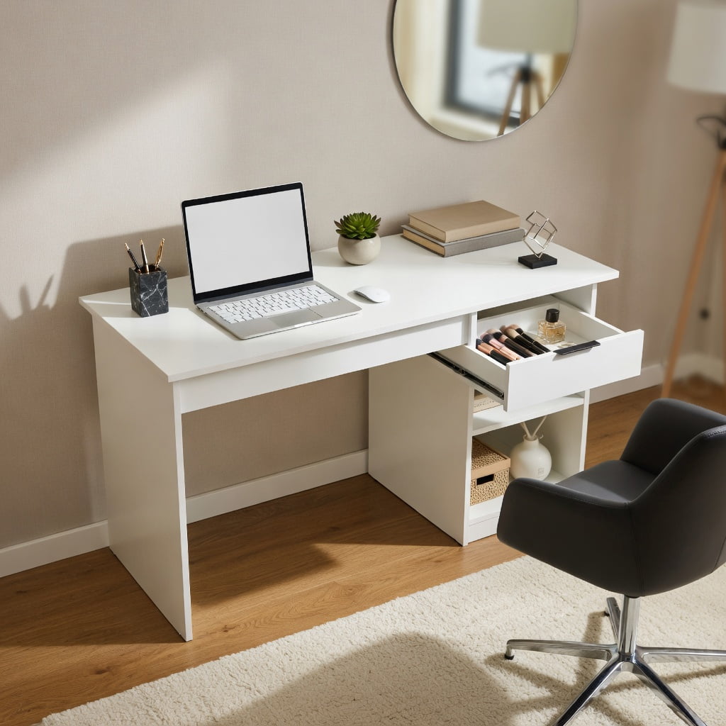 Spaco Computer Desk PC Laptop Table with Drawer and Shelf-White, Office Desk, Gaming Computer Desks for Study,Working,Writing