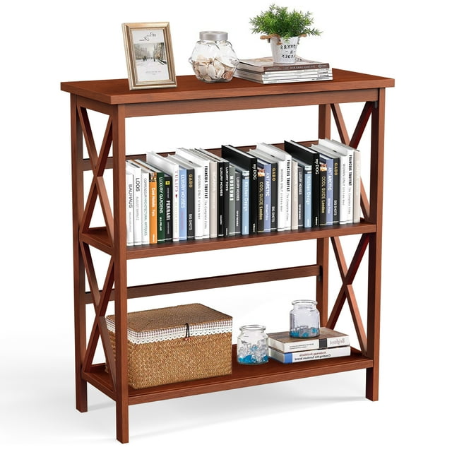 Costway Wooden Shelf Bookcase 3-Tier Open Bookshelf W/X-Design Freestanding Rack Natural