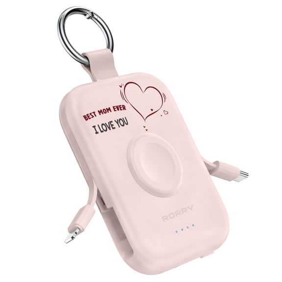 RORRY Portable Charger, 5000mAh Power Bank with Apple Watch Charger & Built-In Cables, Keychain Travel Charger Compatible for iPhone 17/16/15/14, Android, Apple Watch Ultra 2/11/10/9/8, Mom-Pink