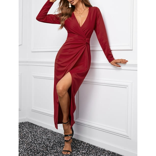 Women s Wine Red Long Sleeve V Neck Twist Front Slit Long Dress