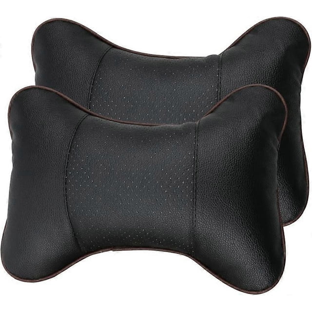 2PCS Leather Car Seat Pillow Breathable Car Head Neck Rest Cushion Headrest Auto Car Safety Pillow - Black (Black)