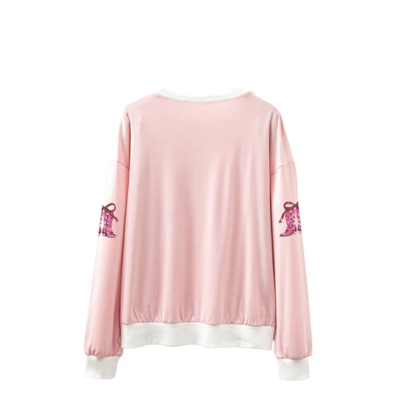 Women's Pink Stripe Sequin Cowgirl T-Shirt – Casual Long Sleeve Round Neck Top [ZhiHiMeRi] | XL