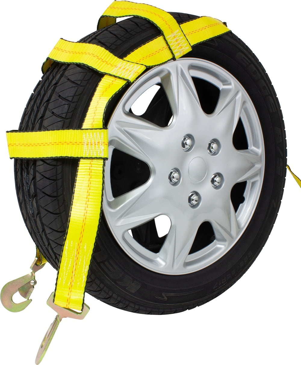 Domestic RuggedTow 2X USA Car Basket Straps Adjustable Tow Dolly DEMCO Wheel Net Set Flat Hook Standard Wheels Fits 14-20 Inches, Yellow