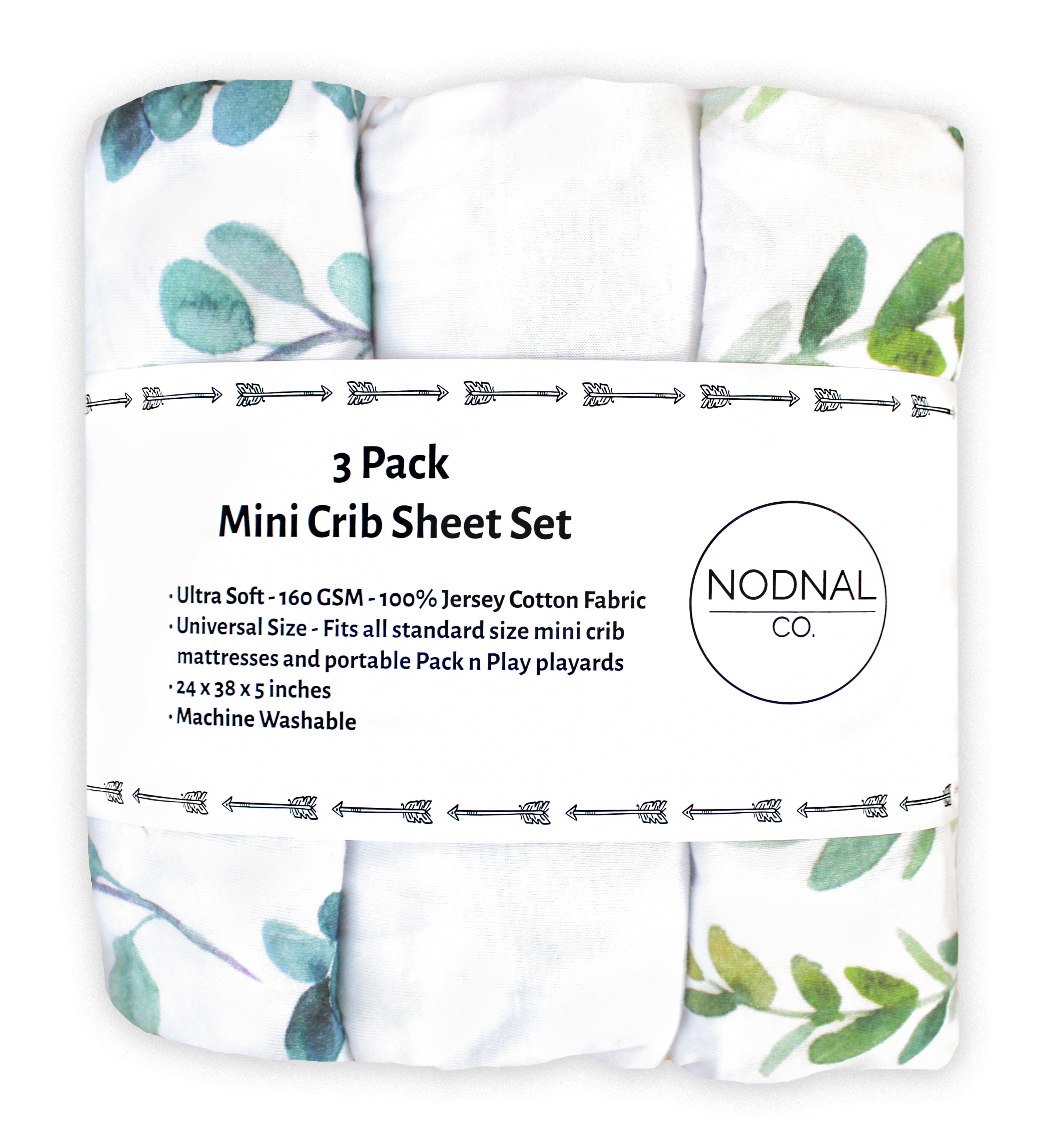 NODNAL CO. Green Leafy Cotton Playard/Portable Crib/Mini Crib Fitted Sheet Set, 3 Pieces, for Baby Girl or Boy Infant/Toddler Nursery Bedding, Gender Neutral Leafs, Greenery, Floral Eucalyptus