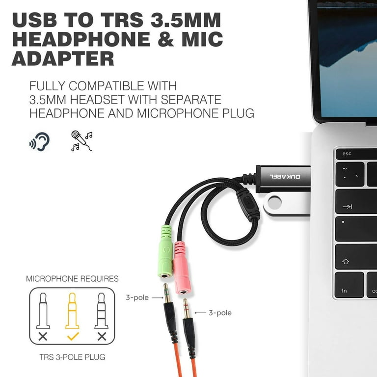DUKABEL USB Audio Adapter, USB to 3.5mm Jack TRS AUX Adapter for Built-in  Chip USB Sound Card for Headset with Separate Plug TRS 3 Pole Microphones