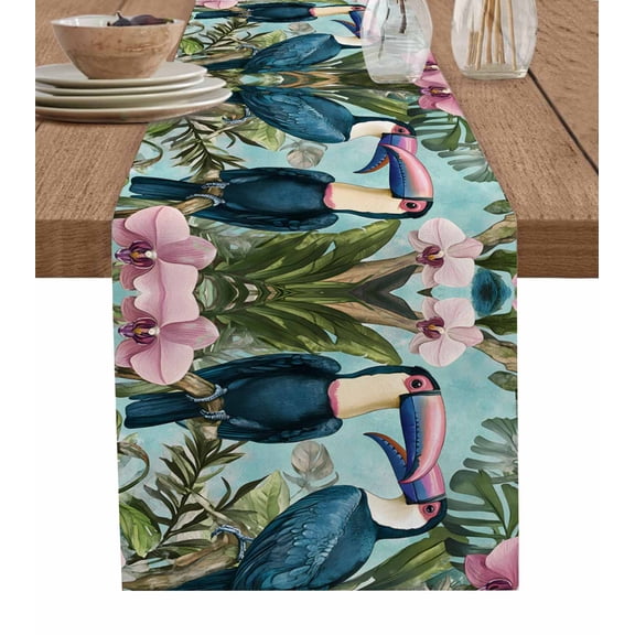 ERUNPONLY Flower Parrot Table Runner - 90 Inch Long Summer Vintage Botanical Palm Tree Leaf Cotton and Linen Blended Dress Scarves Farmhouse Table Runner for Kitchen Dining, Coffee Table, 13" x 90"