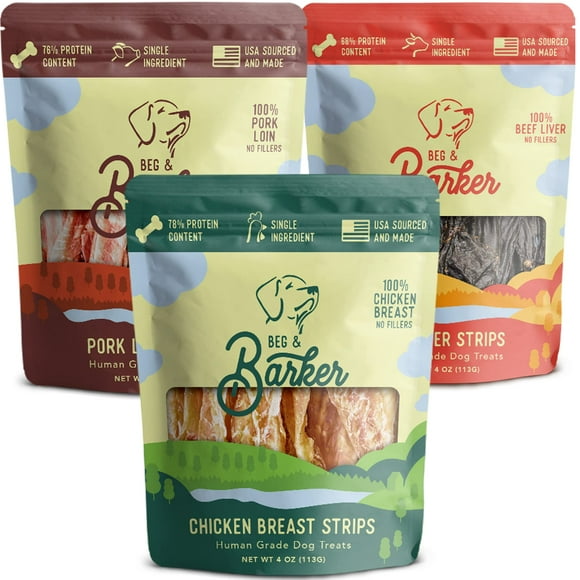 Beg & Barker Chicken, Beef Liver and Pork Jerky for Dogs (4 oz, Pack of 3) - Dog Training Treats - Natural Dog Treats Made in The USA - Grain Free, Diabetic-Friendly, High Protein, Sugar-Fre