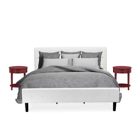 NL19K-2HI13 3 Piece King Size Bedroom Set - Button Tufted Platform Bed - White Velvet Fabric Upholstered Headboard and a Burgundy Finish Nightstand