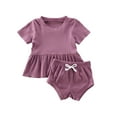 thumbnail image 6 of Franhais Baby Girls Solid Color Clothes Set, Ruffle Hem Short Sleeve O-neck Tops + Drawstring Shorts for Summer, 6 of 6