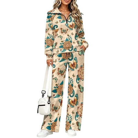 Lounge Sets for Women Sweatsuits 2 Piece Matching Set 3XL Fall Fashion Outfits Long Sleeve Sweatshirt Wide Sweatpants Set Travel Airport Tracksui Vintage Boho Butterfly Floral
