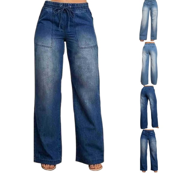 Miluxas Womens Plus Size Jeans High Waisted Straight Leg Wide Leg Jean Trendy Stretchy Drawstring Denim Pants Light Blue XL(XL)
