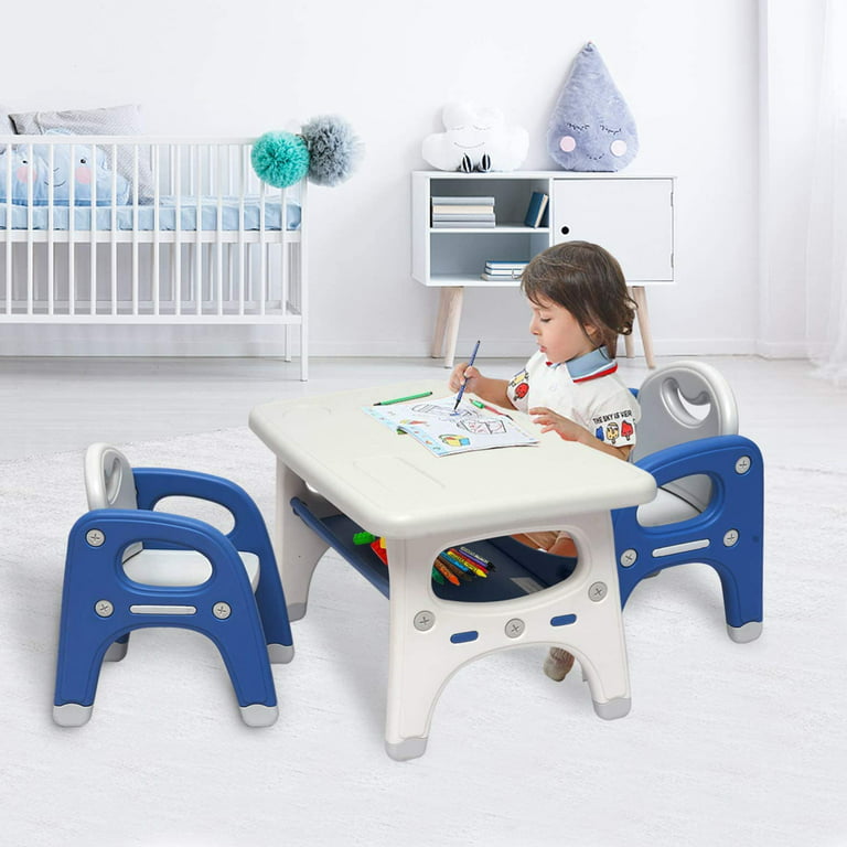 Kinbor Kids Table and Chair Set, Toddler Activity Table with Storage Shelf, Plastic Furniture, Blue 
