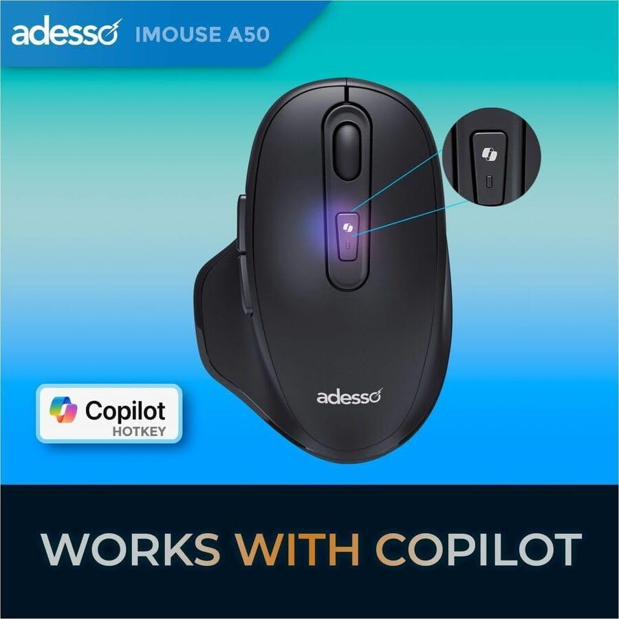 Adesso iMouse A50 Ergonomic Wireless Mouse, Bluetooth and 2.4GHz Dual Mode with USB-C Receiver, CoPilot AI Hotkey, Adjustable DPI, Right Hand Design