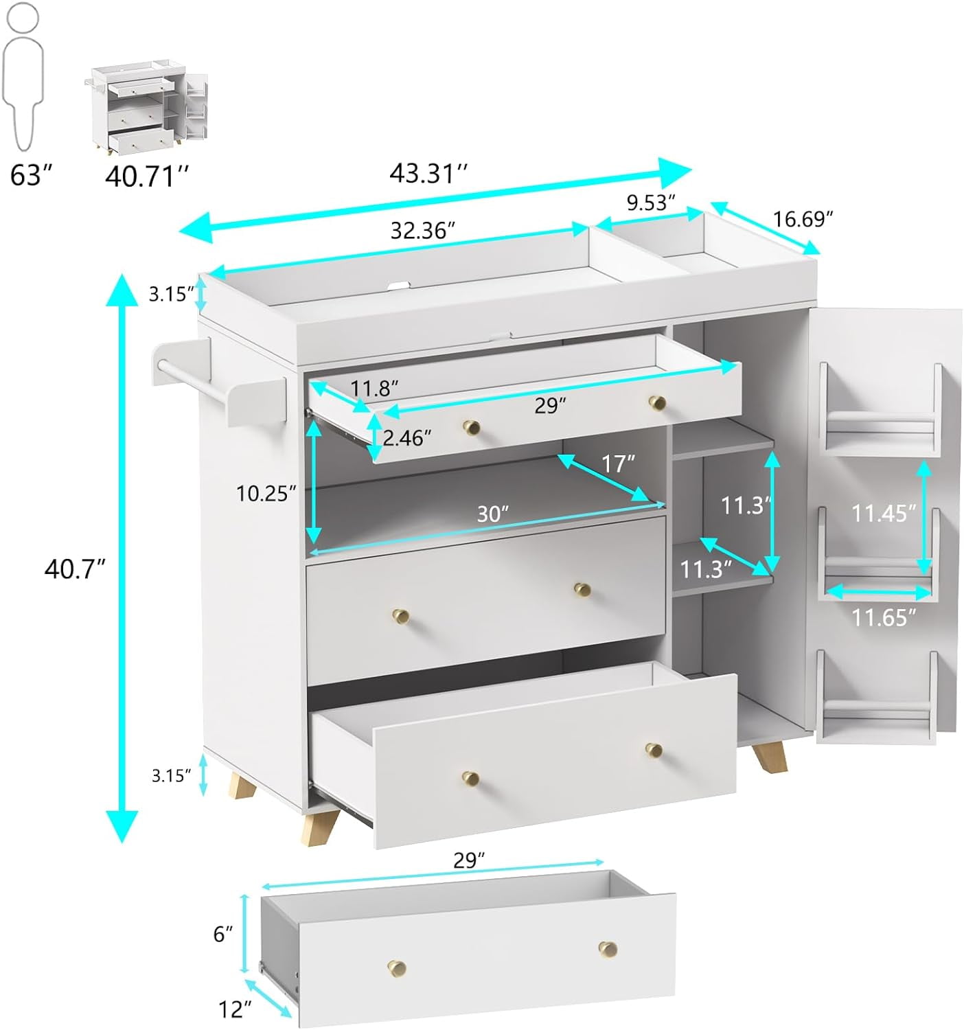 PAKASEPT 43" Changing Table Dresser, Baby Classic Nursery Dresser with 3 Drawers and 1 Cabinet, Multi-Functional Baby Changing Table