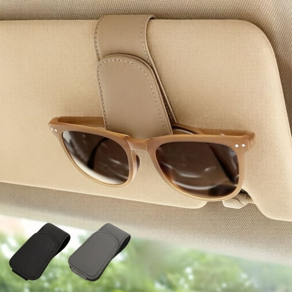 2 Pack Magnetic Leather Sunglass Holder, Eyeglass Hanger Clip for Car Sun Visor, Suitable for Different Size Eyeglasses (Beige, 2 Pack)