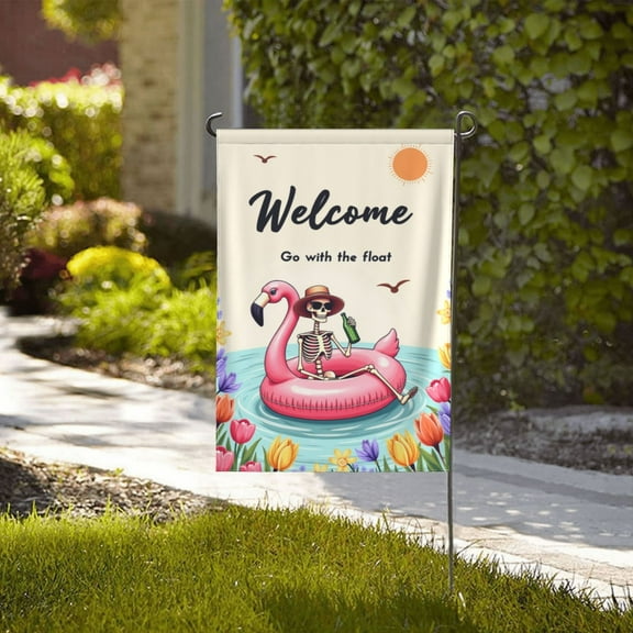 Welcome Summer Garden Flag 12x18 Inch Double Sided Flamingo Skeleton Pool Party Decor Outdoor Yard Flag