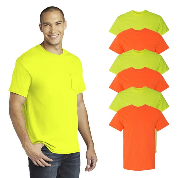 Gildan Heavy Cotton Safety Pocket T-Shirt for Men, Hi Vis Safety Green and Orange Mix Tee, 6 Pack, S